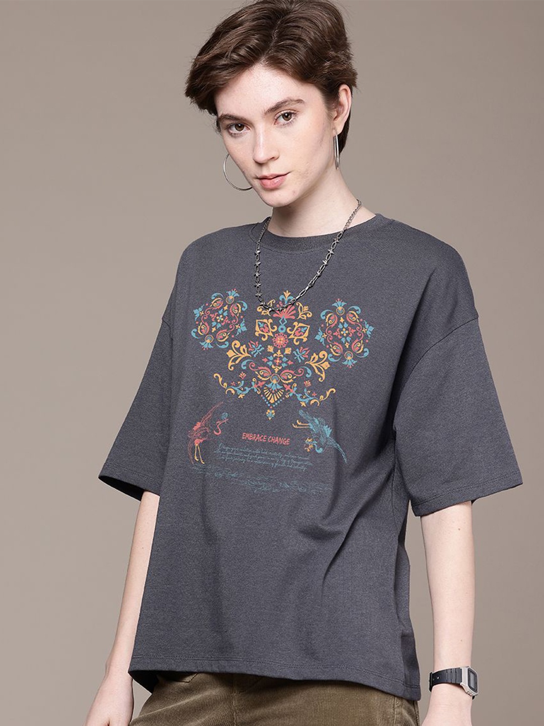 

The Roadster Lifestyle Co. Women Graphic Printed Round Neck Cotton Oversized T-shirt, Grey
