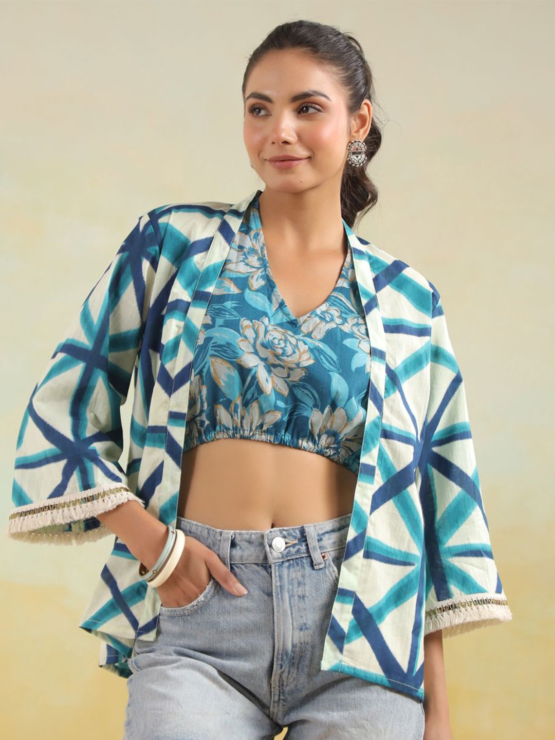 

Jaipur Morni Women Pack Of 2 Floral Printed V-Neck Cotton Tops, Blue
