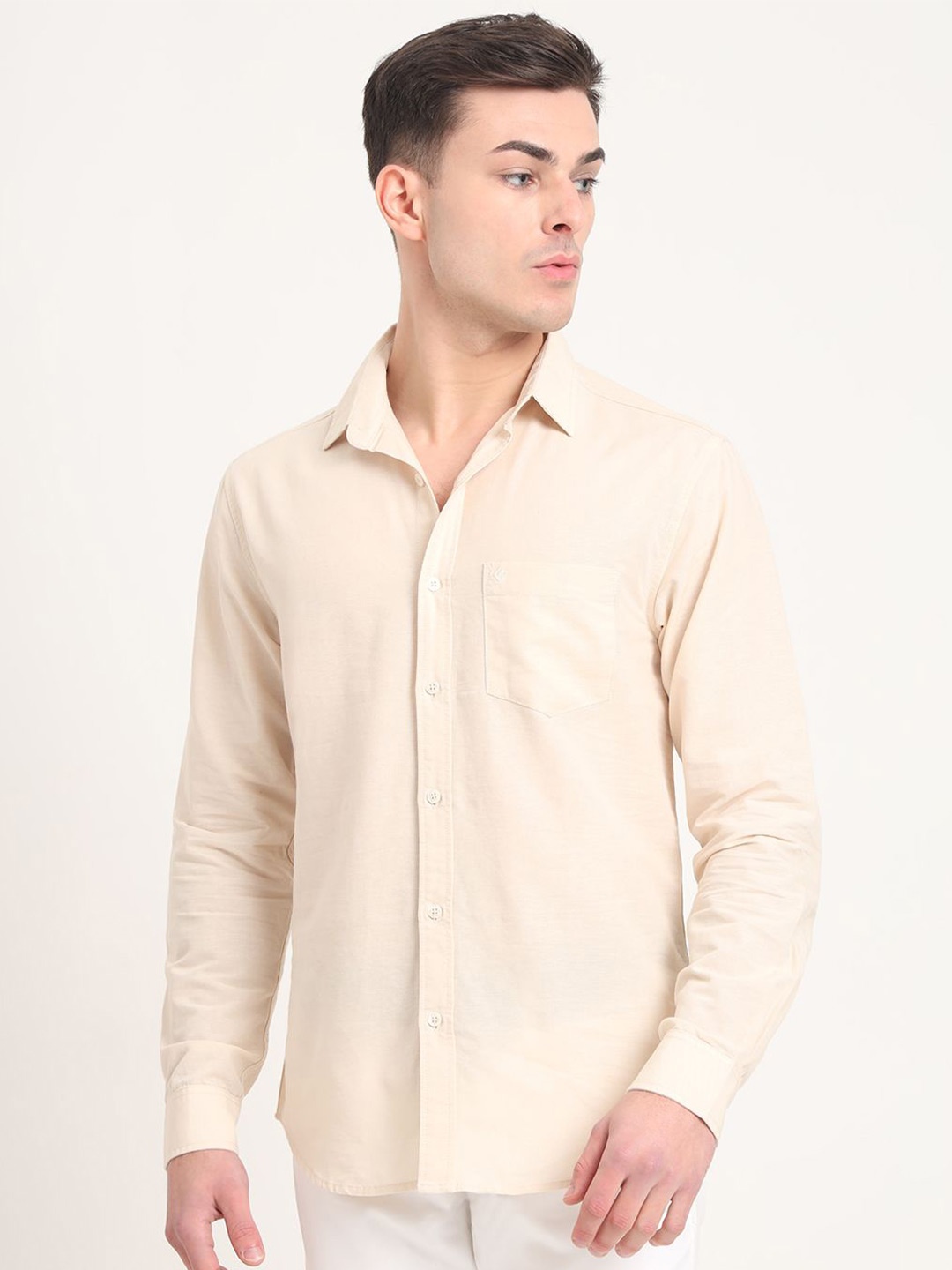 

Greenfibre Men Regular Fit Spread Collar Solid Cotton Casual Shirt, Beige