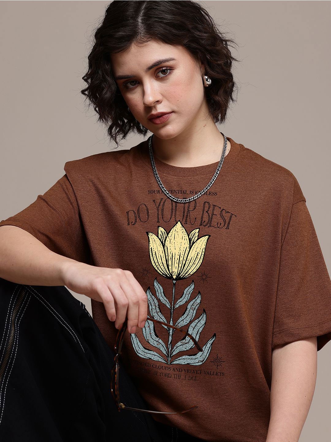 

The Roadster Lifestyle Co. Women Graphic Printed Round Neck Cotton Oversized T-shirt, Mustard