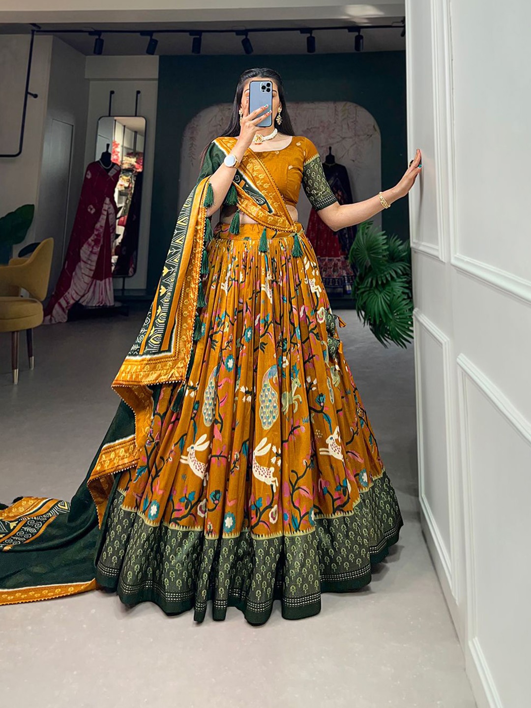 

RADHVI BIZ Printed Ready To Wear Lehenga & Semi-Stitched Blouse With Dupatta, Yellow