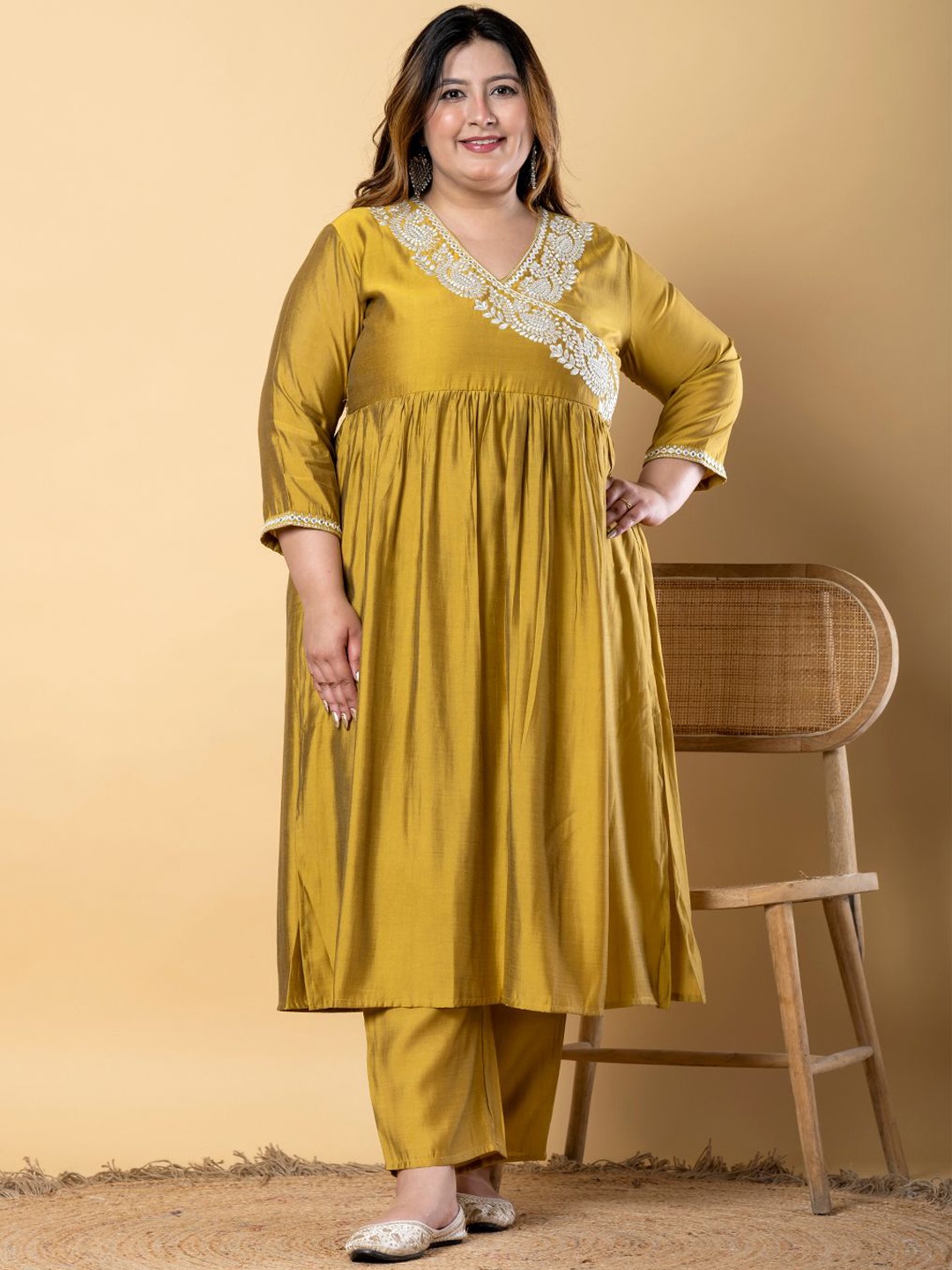 

Readiprint Fashions Plus Size Floral Embroidered V-Neck Anarkali Kurta With Trousers, Mustard