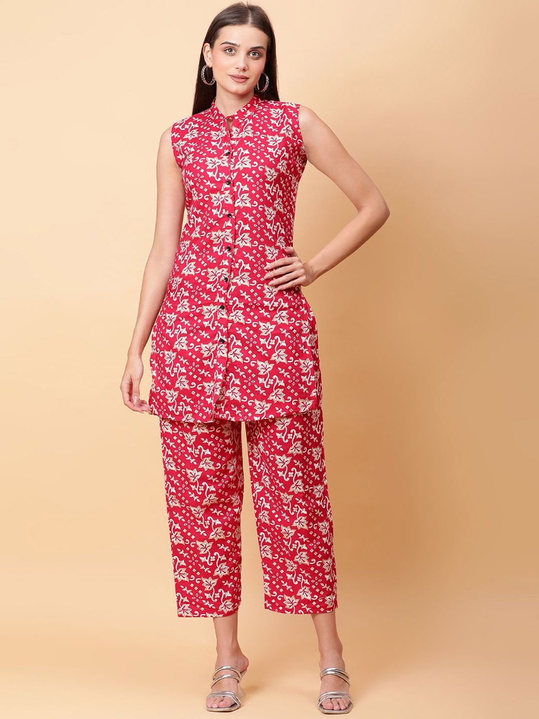 

ROSEMELON Floral Printed Mandarin Collar Straight Tunic With Trousers, Pink