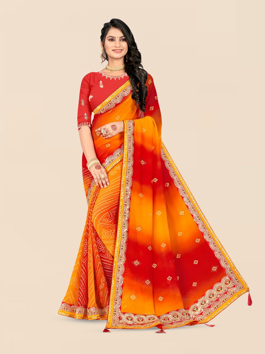 

DIVASTRI Bandhani Poly Georgette Bandhani Saree, Red