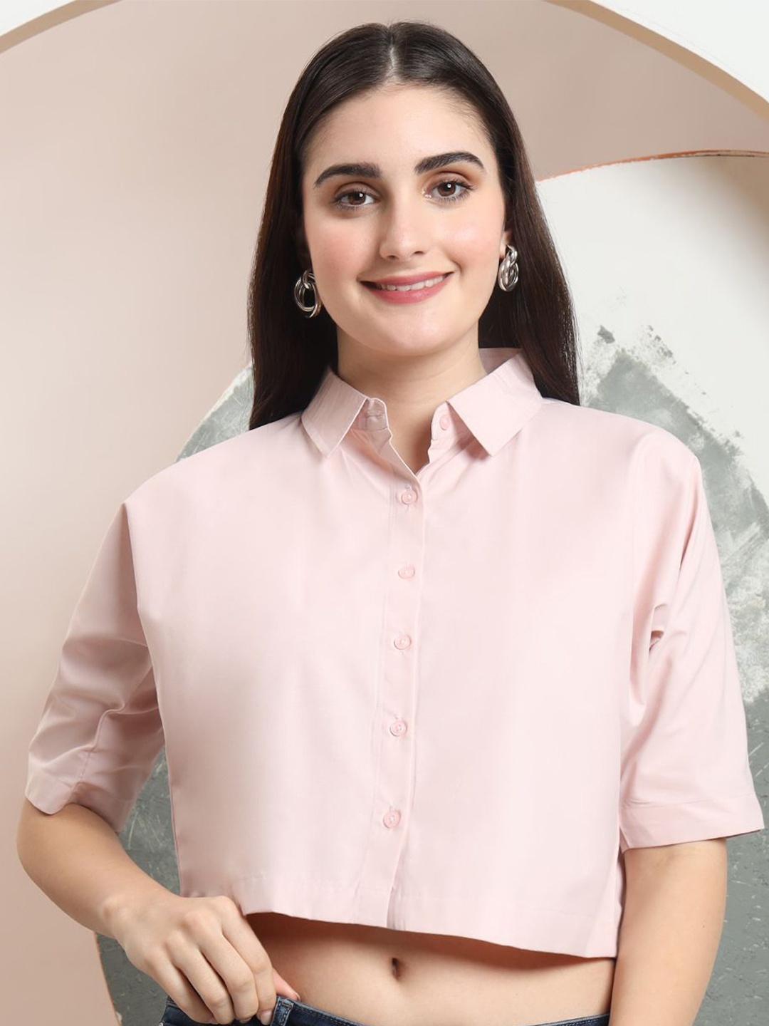 

FITHUB Women Boxy Fit Spread Collar Solid Cotton Casual Shirt, Pink