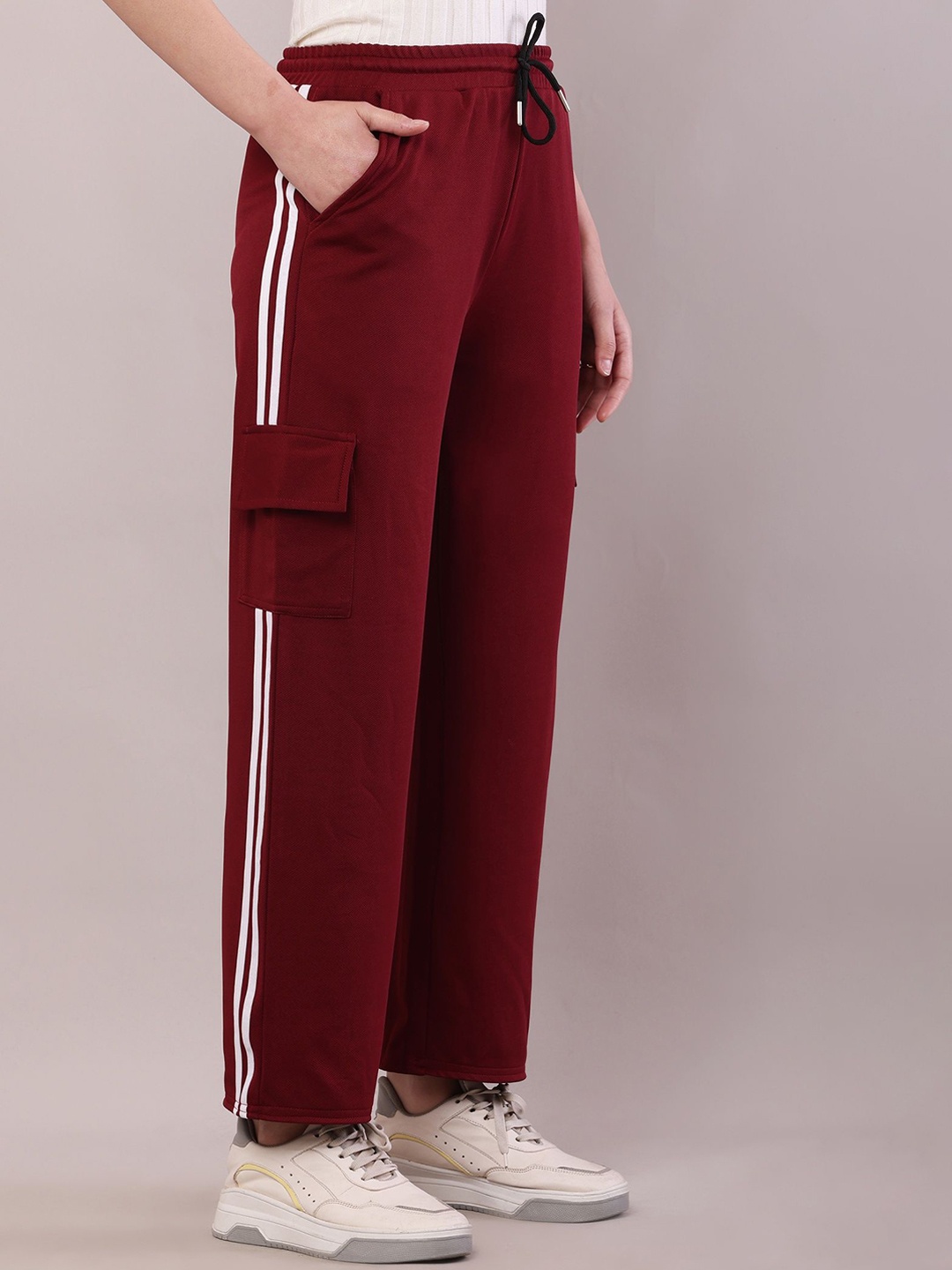 

Bright Nex Women Striped Relaxed Loose Fit Cargos Trousers, Maroon