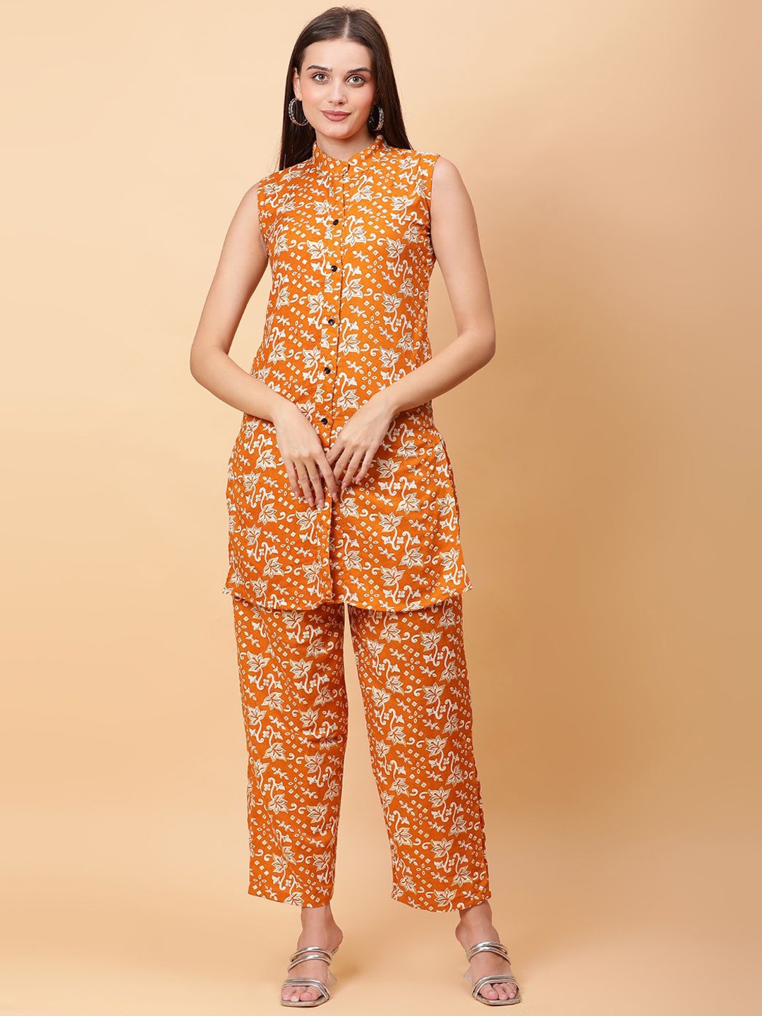 

ROSEMELON Floral Printed Mandarin Collar Straight Tunic With Trousers, Mustard