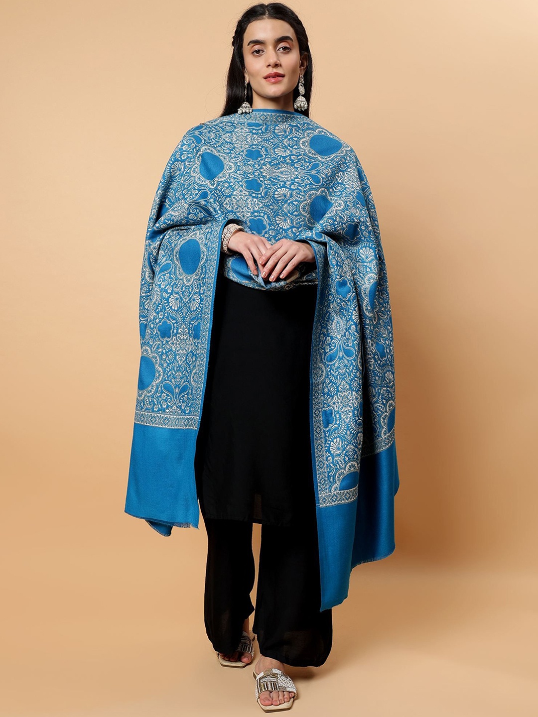 

Moda Chales Ethnic Motifs Woven Design Woollen Shawl, Blue