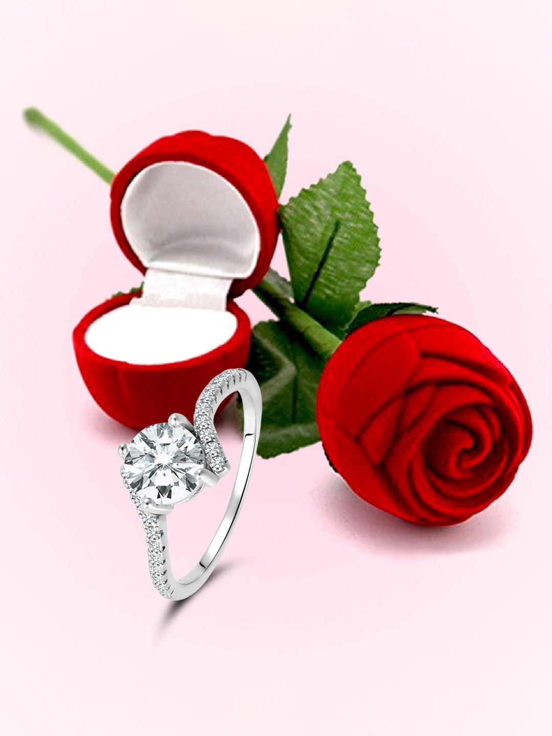 

Peora 925 Sterling Silver-Plated Cubic Zirconia Studded Finger Ring With Rose Gift Box