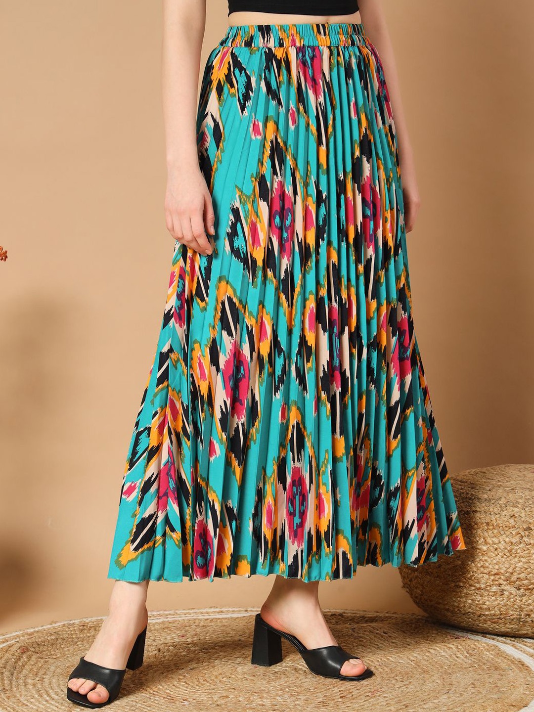 

ZWERLON Women Printed Pleated A-Line Maxi Skirt, Turquoise blue