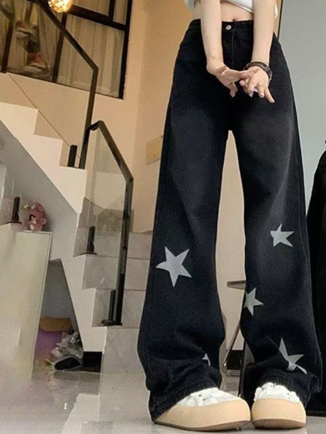 

DressBerry Women Cotton High-Rise Light Fade Star Printed Wide Leg Jeans, Black