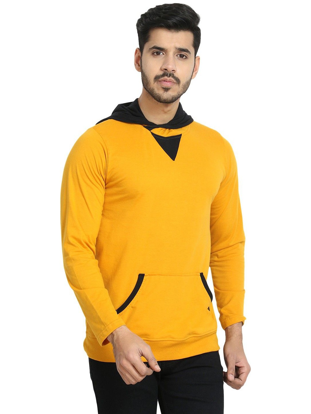 

Black Collection Men Colourblocked Hooded Raw Edge Slim Fit T-shirt, Mustard