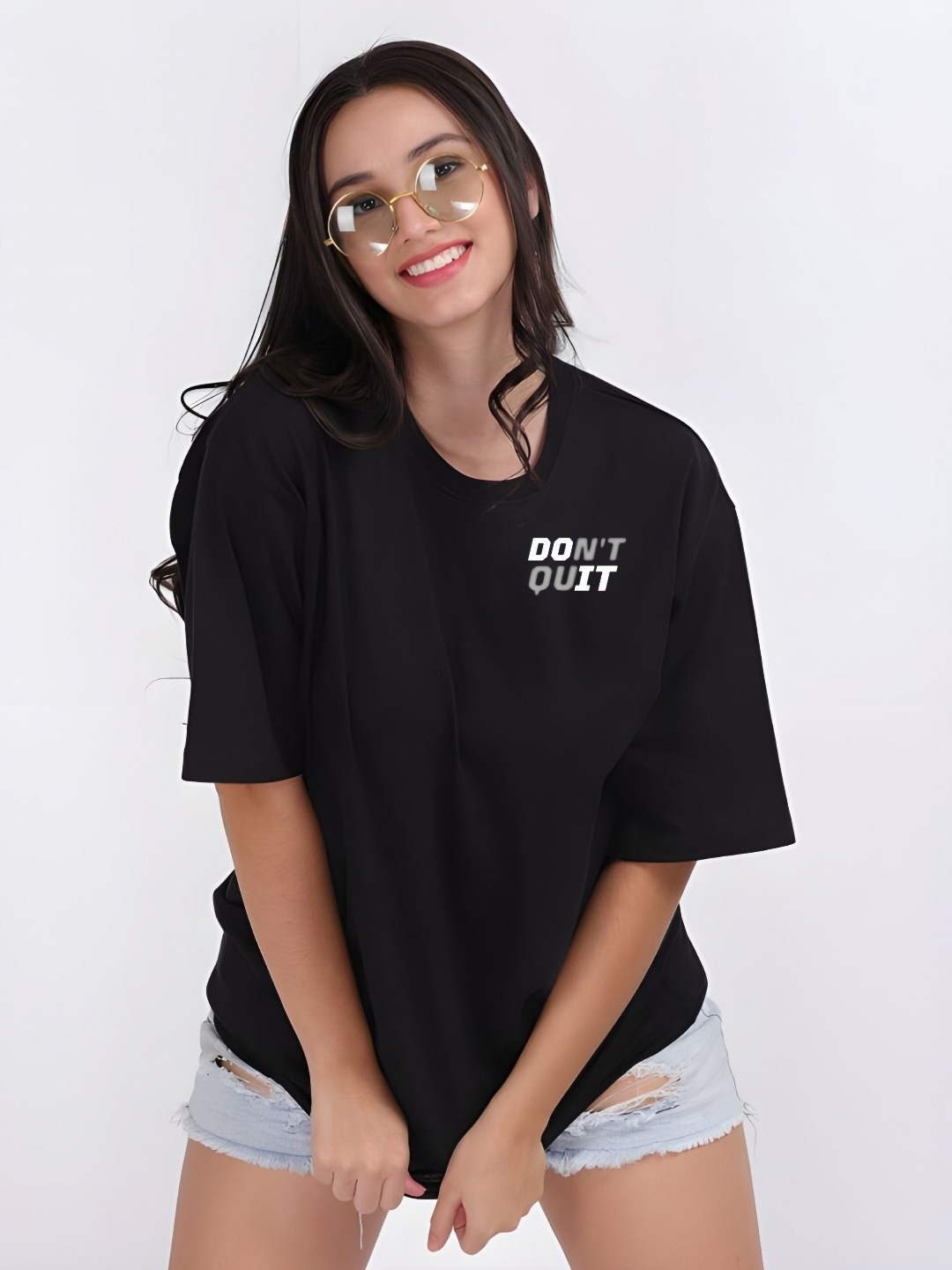 

Moda Rapido Women Typography Printed Round Neck Cotton Oversized T-shirt, Black
