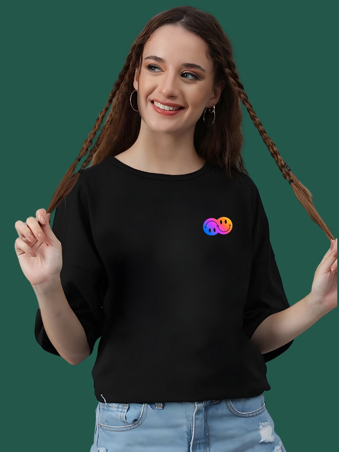

DressBerry Women Graphic Printed Round Neck Cotton Oversized T-shirt, Black