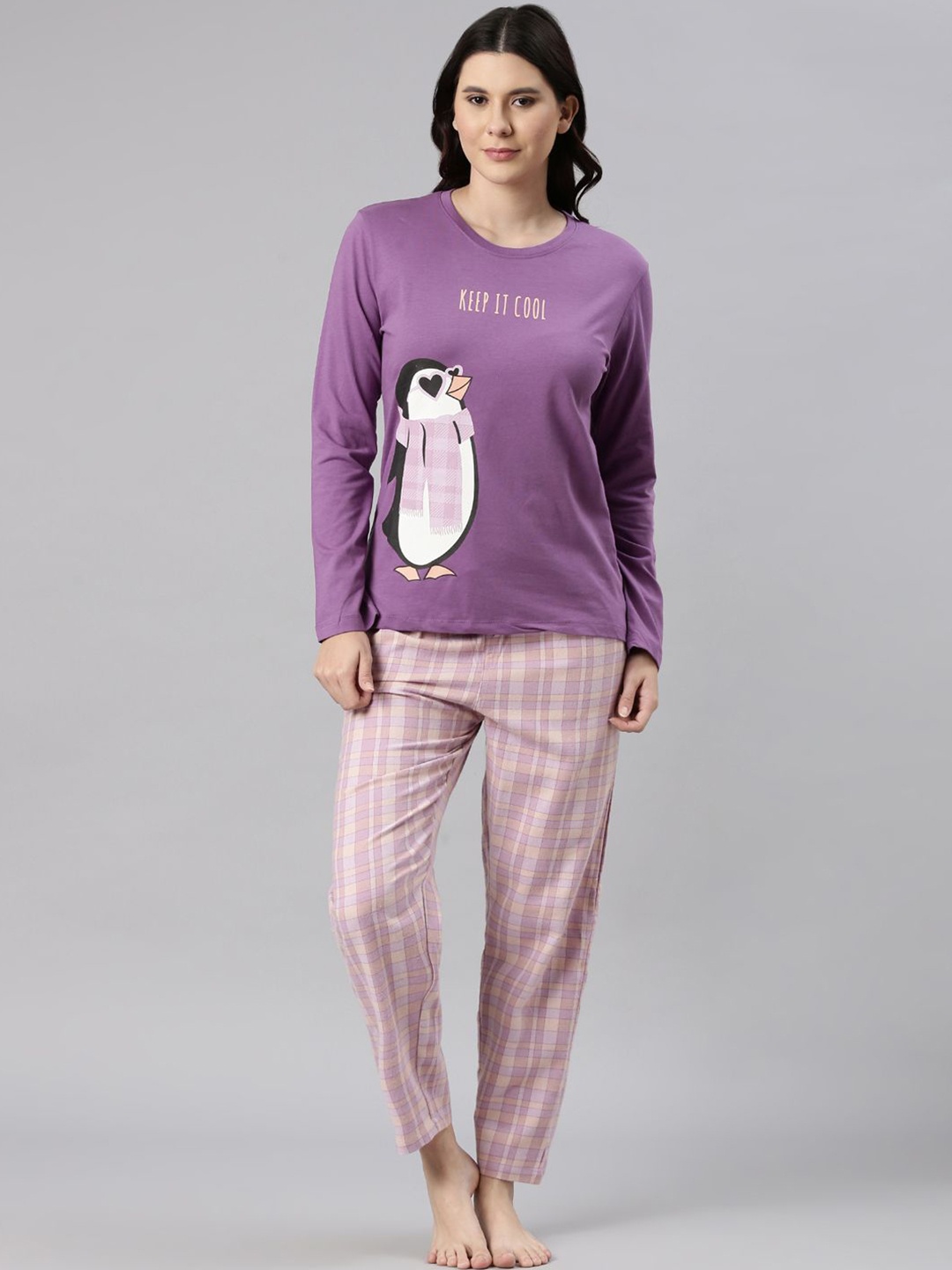 

Nap Chief Women Cool Penguin Flannel Printed Pure Cotton Relaxed Fit Night suit, Violet