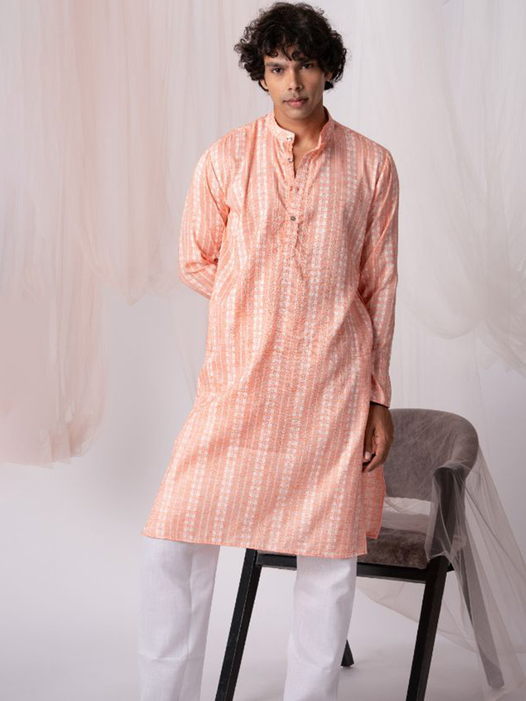 

5 Stitch Geometric Woven Design Band Collar Straight Pure Wool Kurta With Pyjamas, Peach