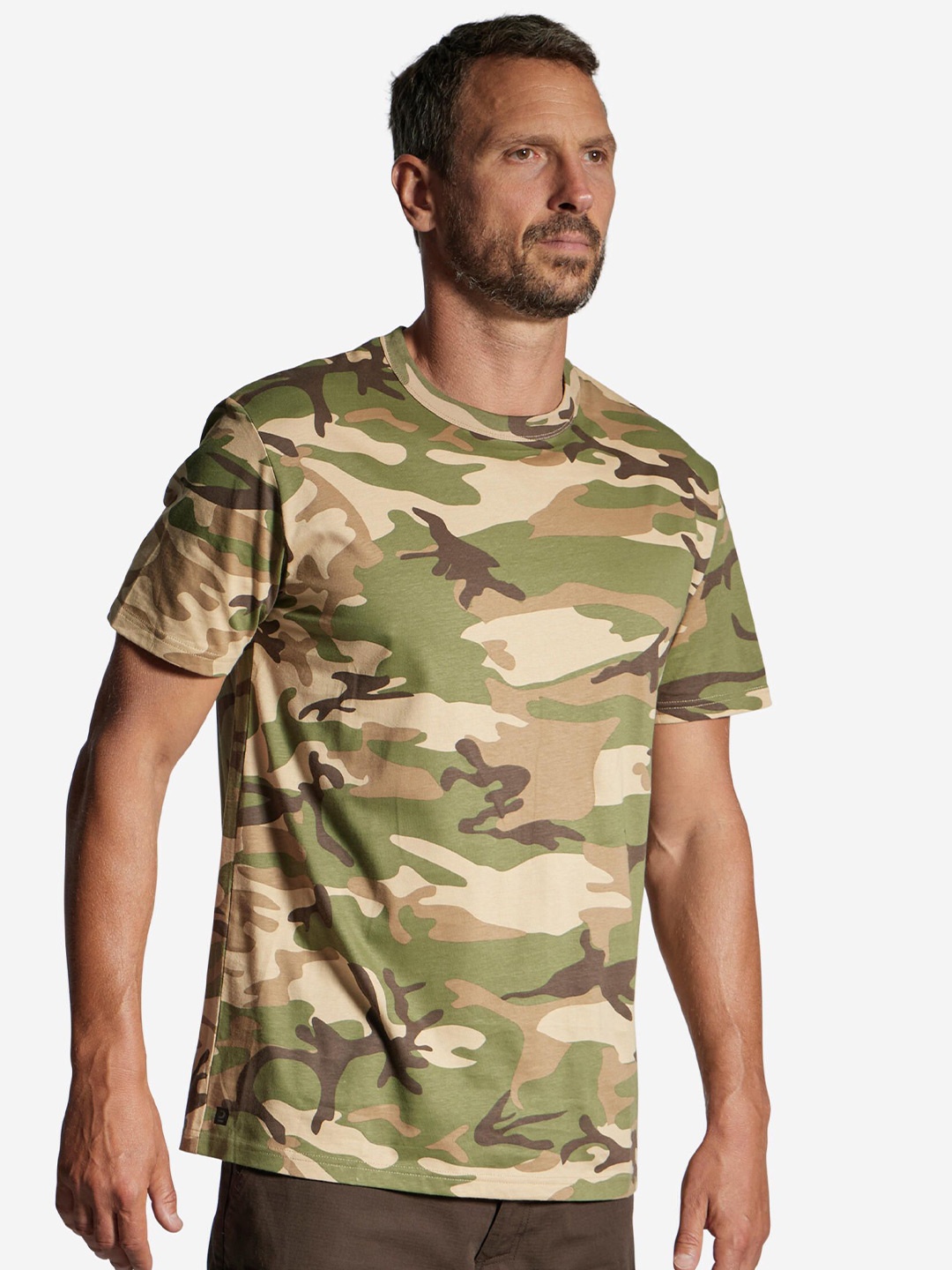 

SOLOGNAC By Decathlon Men Camouflage Printed Round Neck Cotton T-shirt, Olive