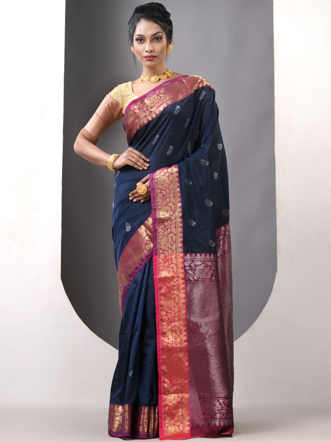 

Charukriti Ethnic Motifs Zari Silk Blend Saree, Navy blue