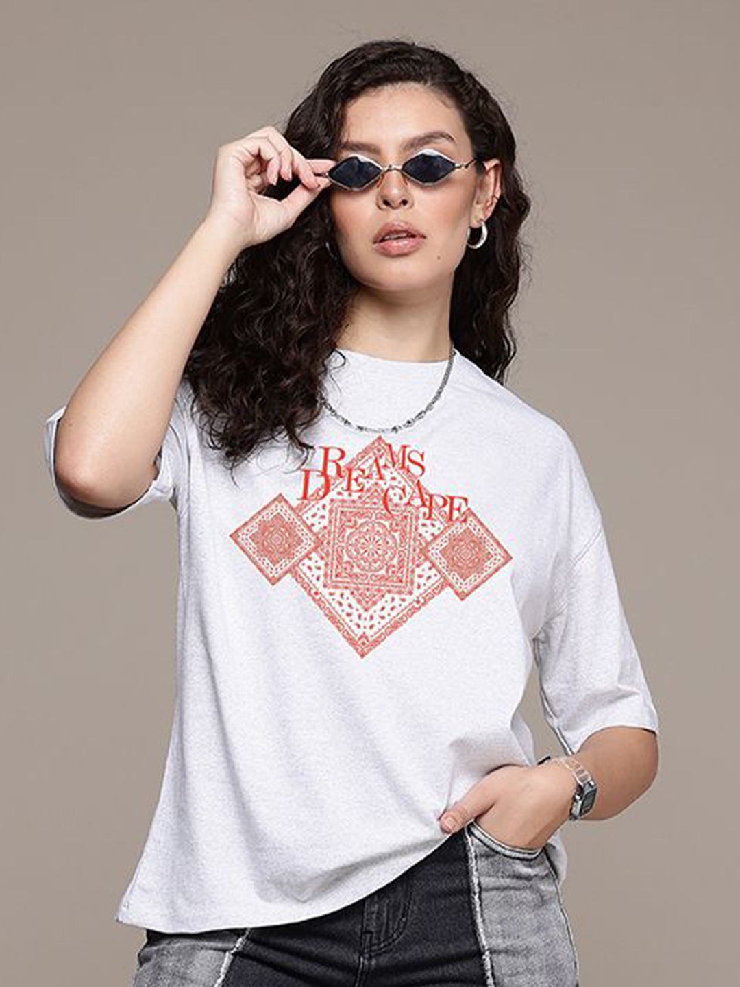 

The Roadster Lifestyle Co. Women Geometric Printed Round Neck Cotton Oversized T-shirt, White