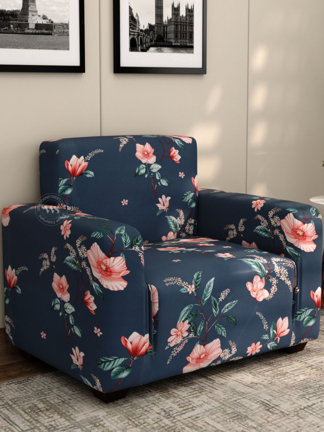 

WOODEN STREET Flaubert Blue & Peach Colored Floral Printed 1 Seater Sofa Cover