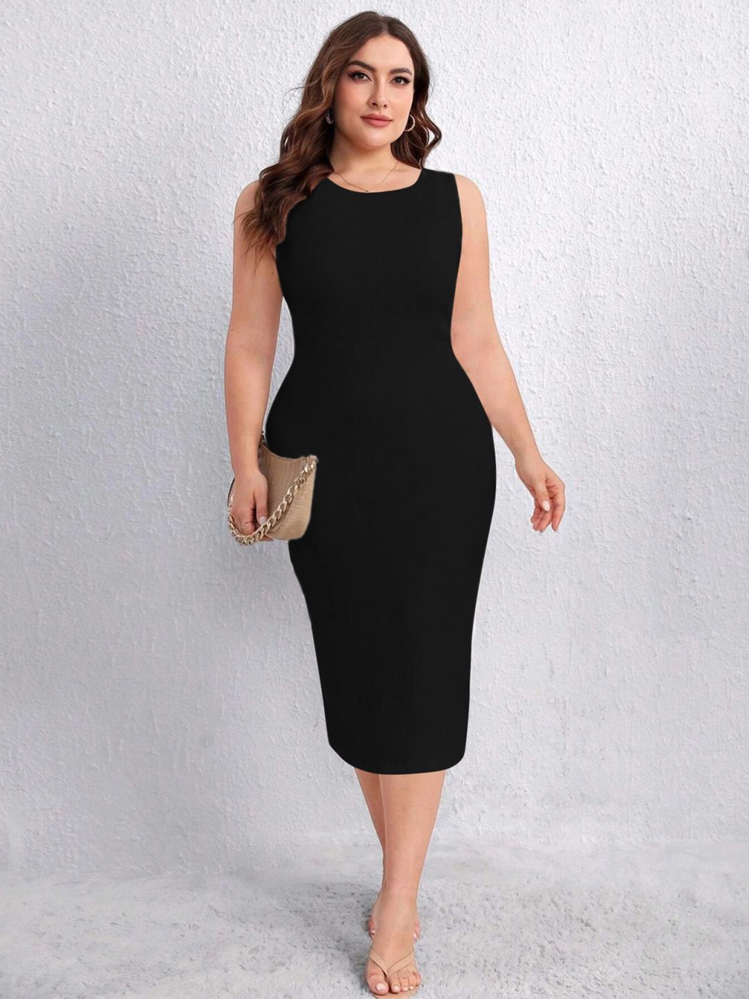 

BAESD Women Round Neck Bodycon Midi Dress, Black