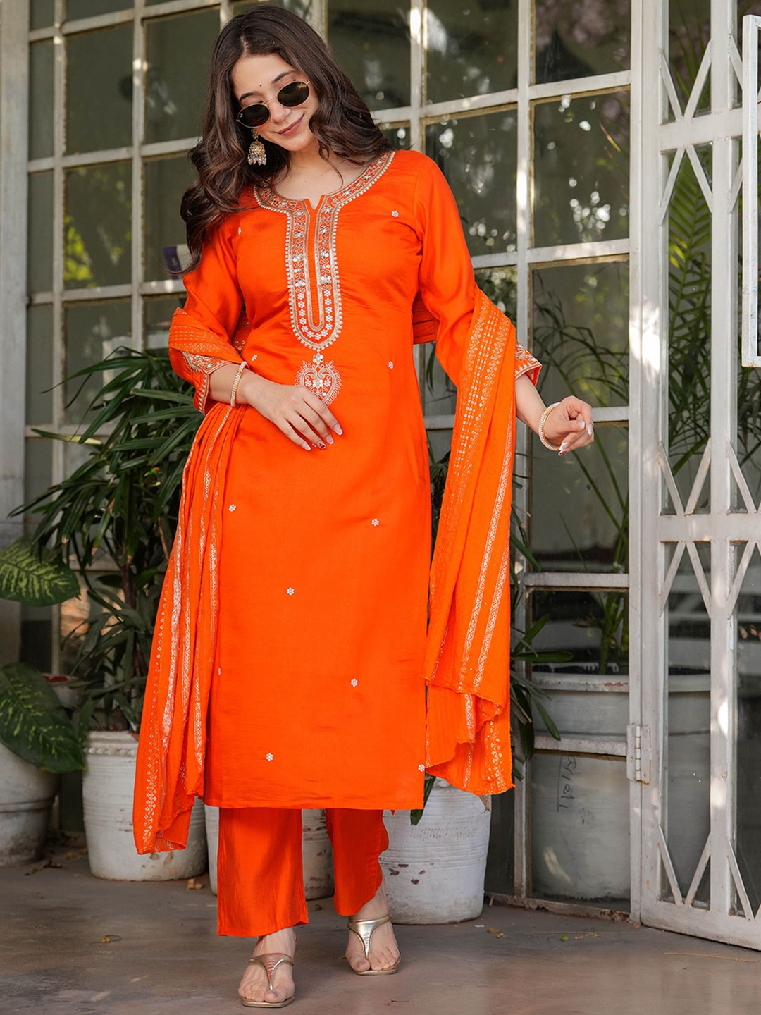 

ZIBLON Embroidered Chanderi Cotton Notch Neck Straight Kurta With Trousers & Dupatta, Orange