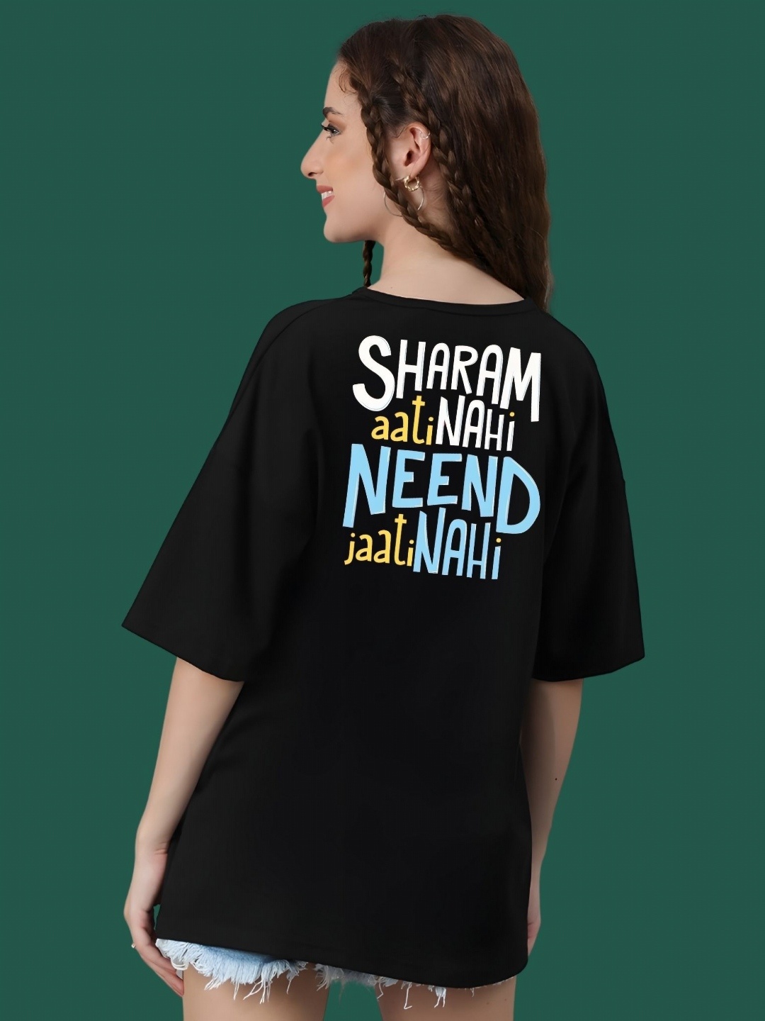 

DressBerry Women Typography Printed Round Neck Cotton Oversized T-shirt, Black