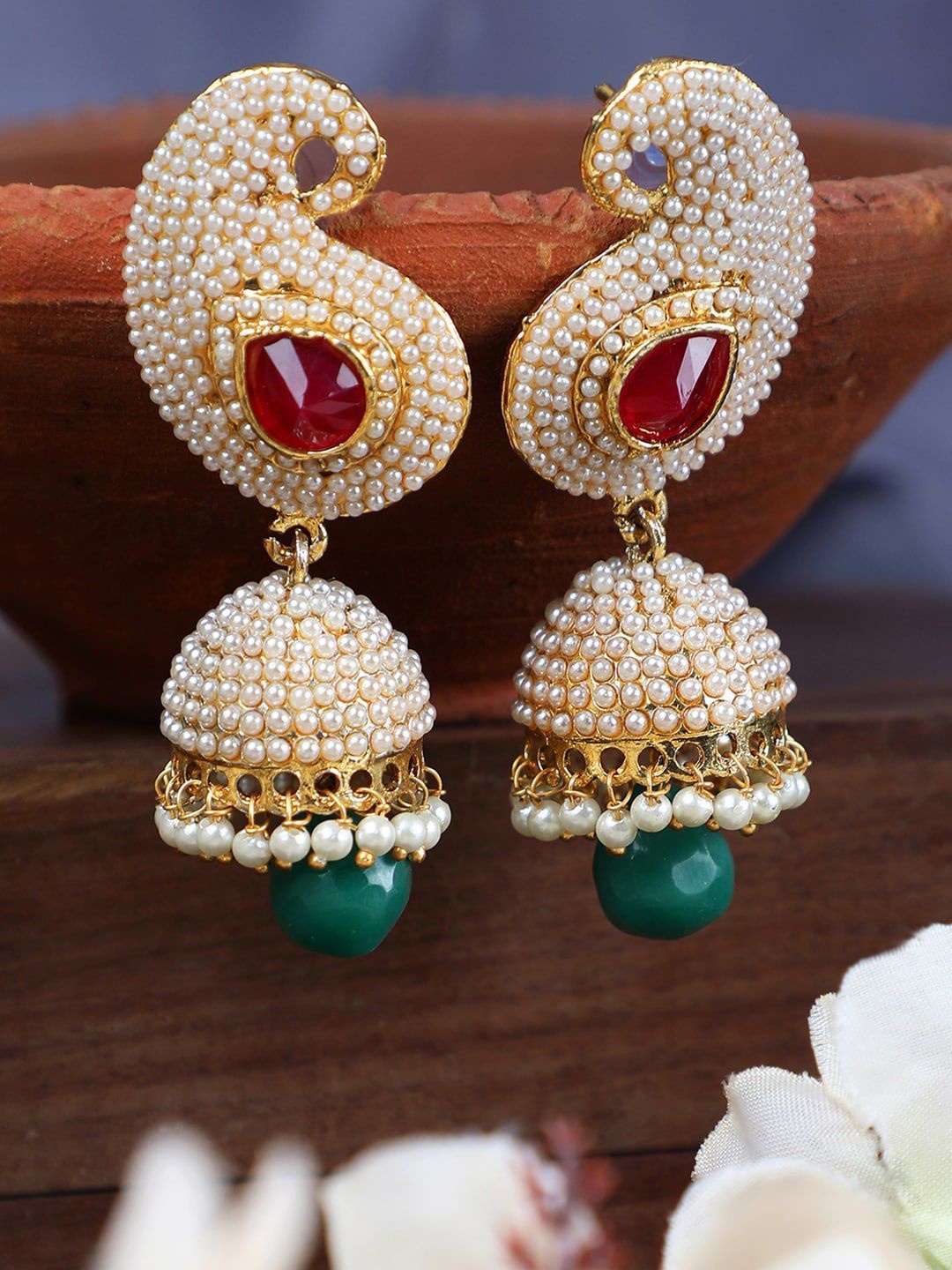 

Anouk Gold Plated Pearls Studded Dome Shaped Jhumkas, White