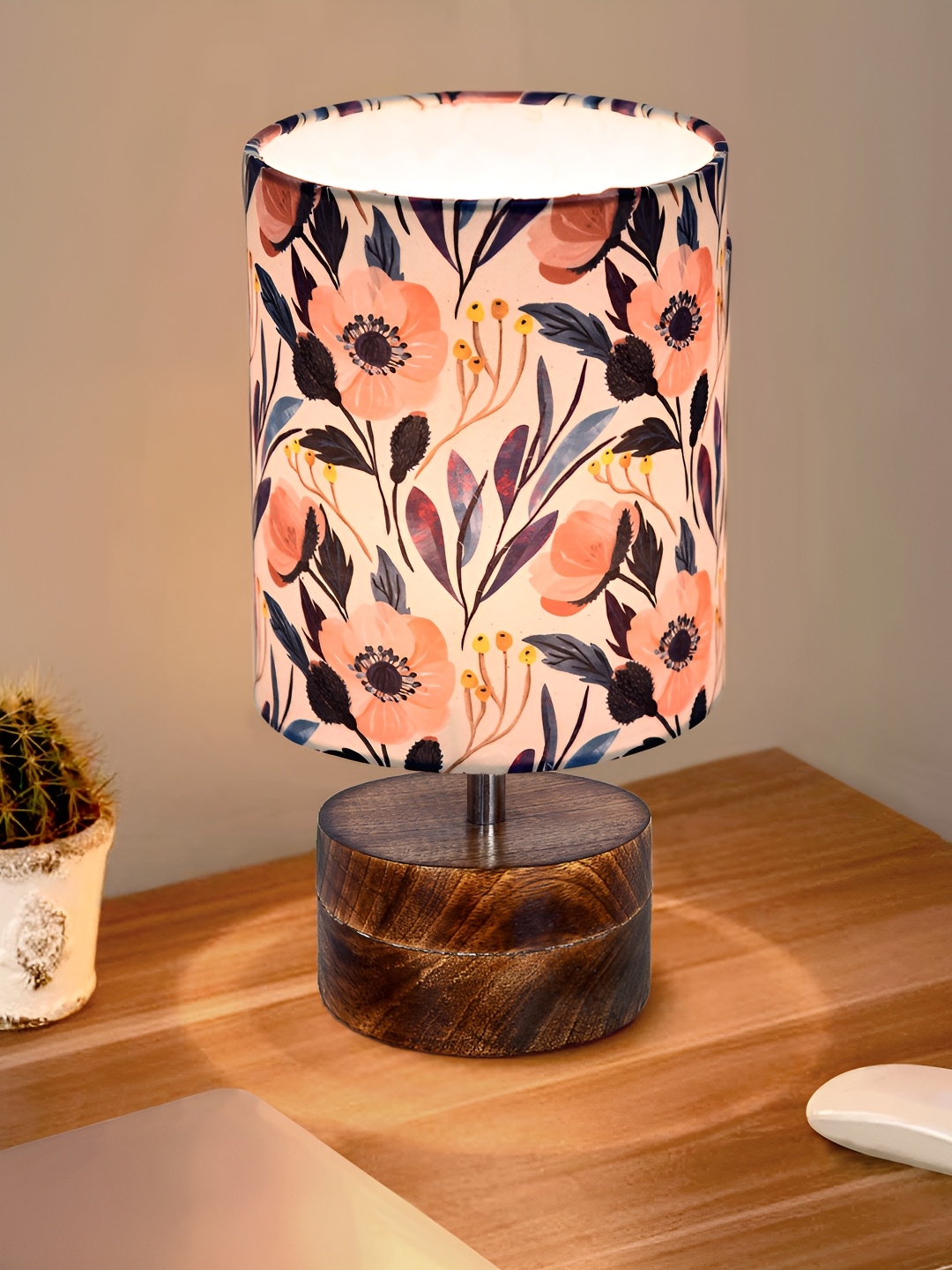 

Homesake Zen Peach-Coloured floral Printed Wood Cylindrical Shaped Table Lamp