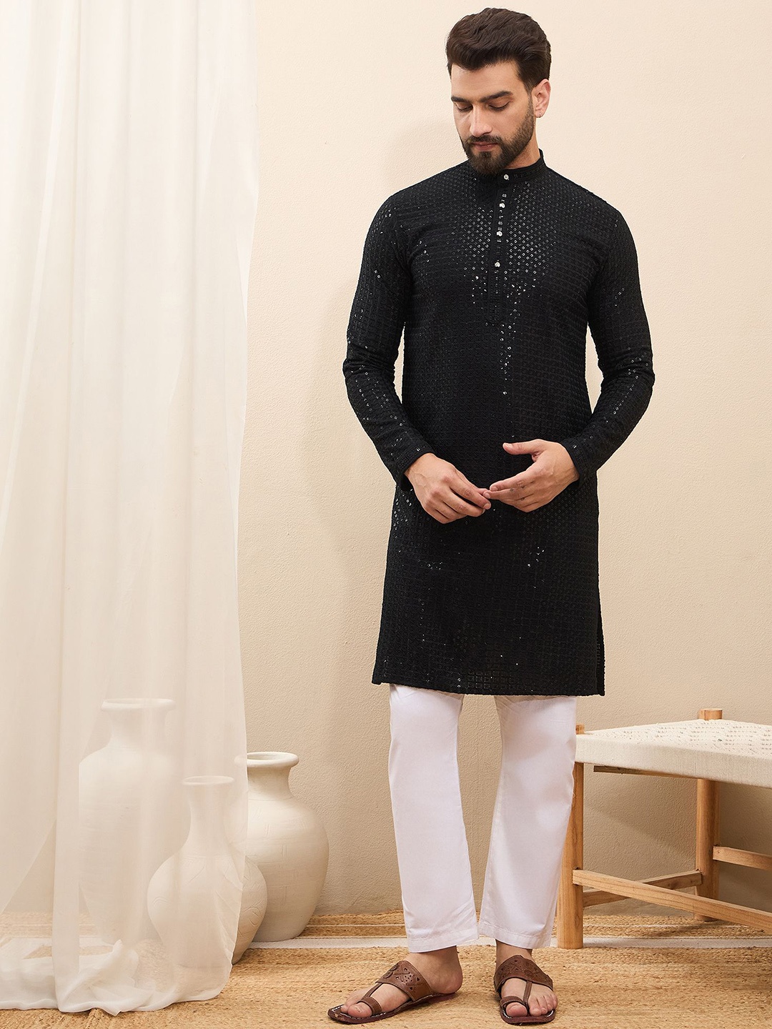 

House of Pataudi Geometric Embroidered Mirror Work Band Collar Straight Kurta, Black