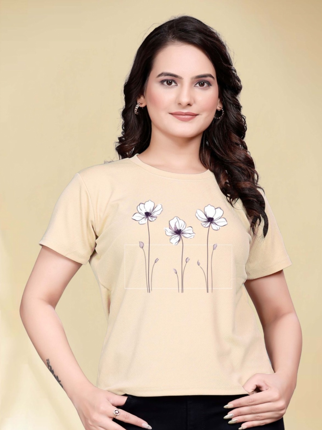 

Moda Rapido Women Floral Printed Round Neck Cotton T-shirt, Cream