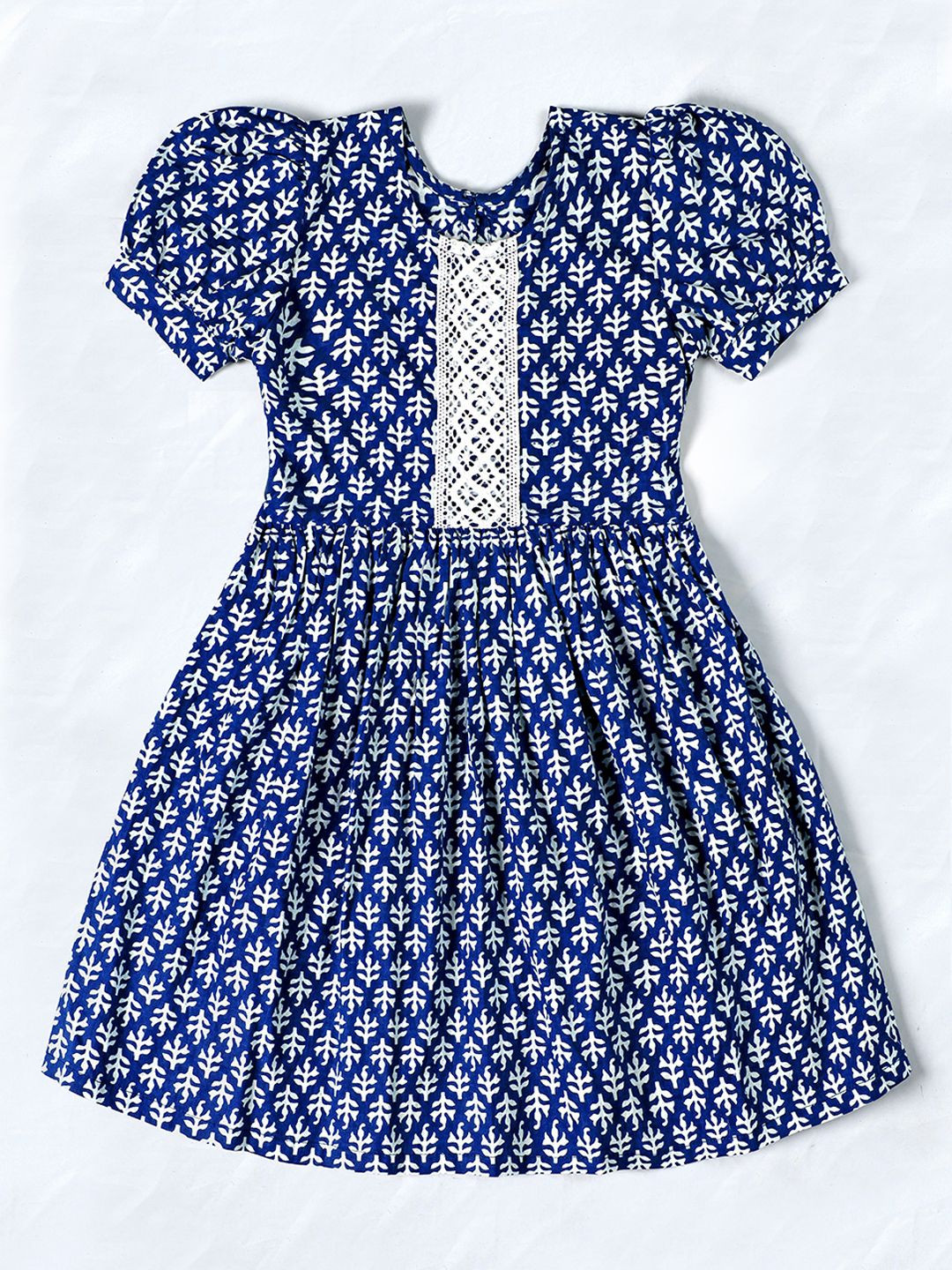 

YK Print Puff Sleeve Fit & Flare Dress, Blue