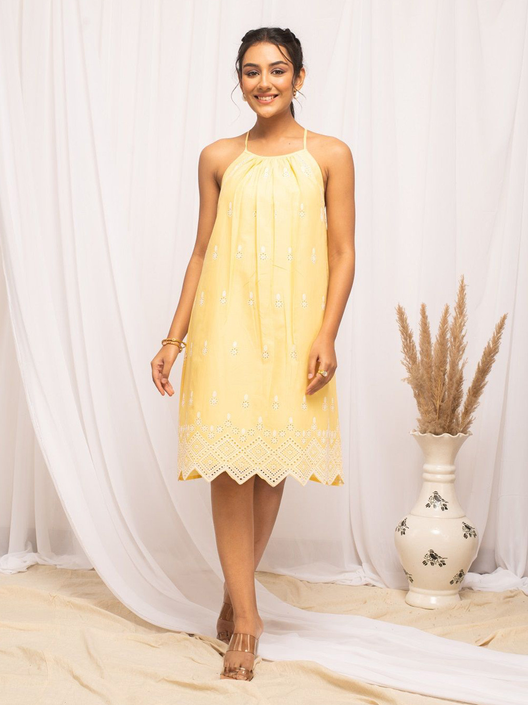 

FIORRA Women Self Design Halter Neck A-Line Dress, Yellow