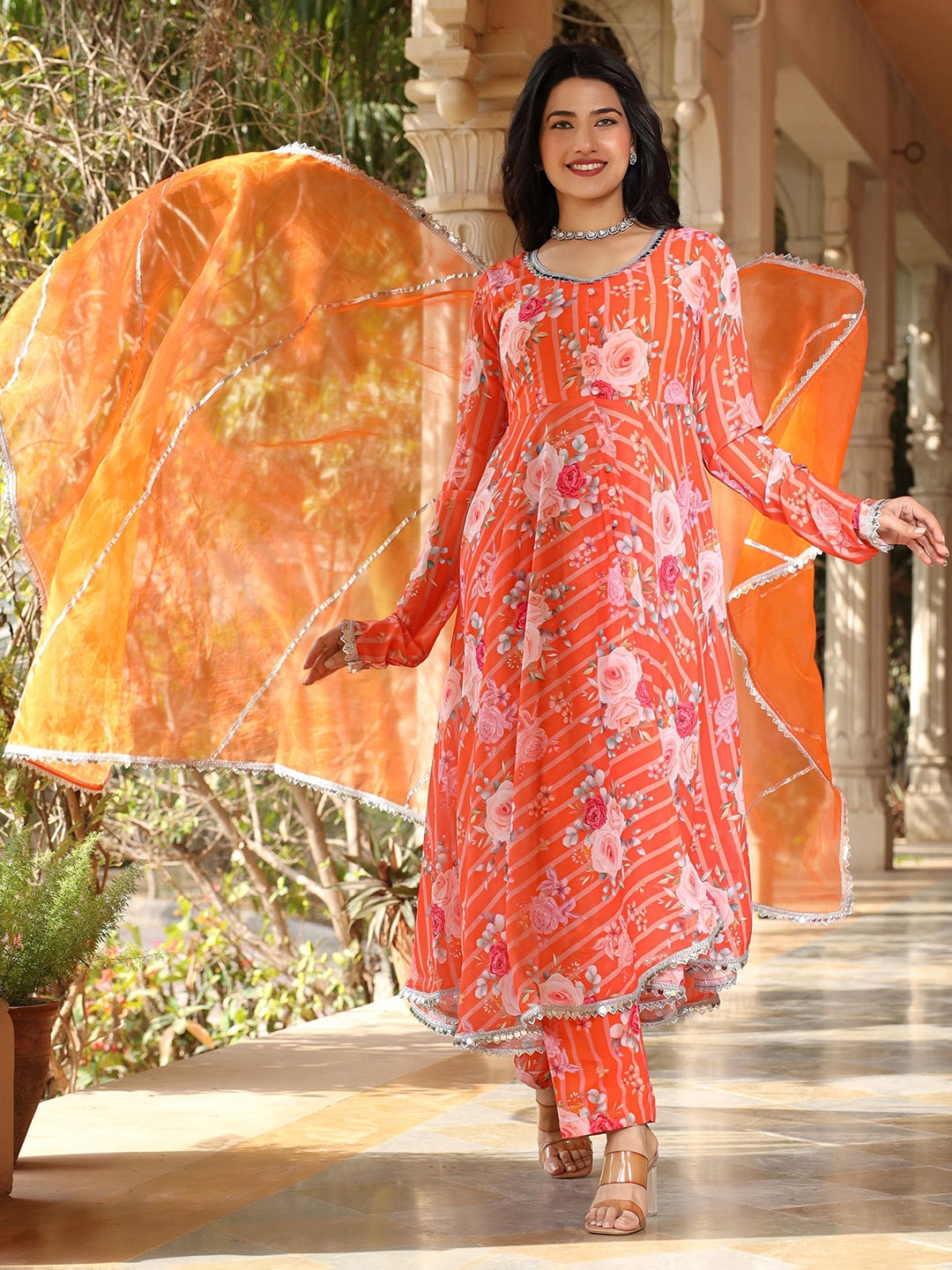 

ASHEERA Floral Printed V-Neck Gotta Patti Georgette Kurta With Trousers & Dupatta, Orange