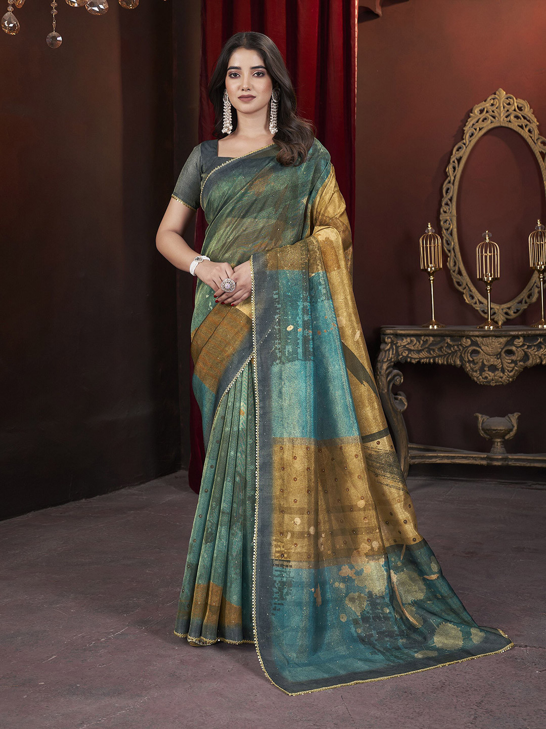 

DOI MOI Abstract Printed Embellished Saree, Teal