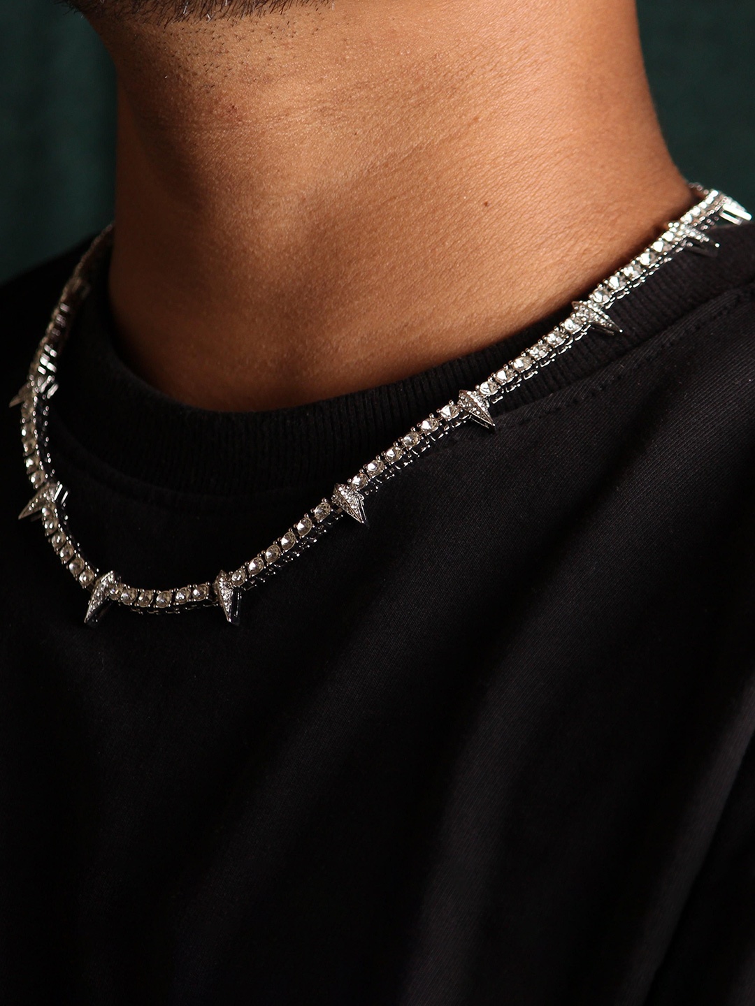 

LOCAL PITARA Men Rhodium-Plated Cubic Zirconia Studded Minimal Natural Spike Tennis Chain, Silver