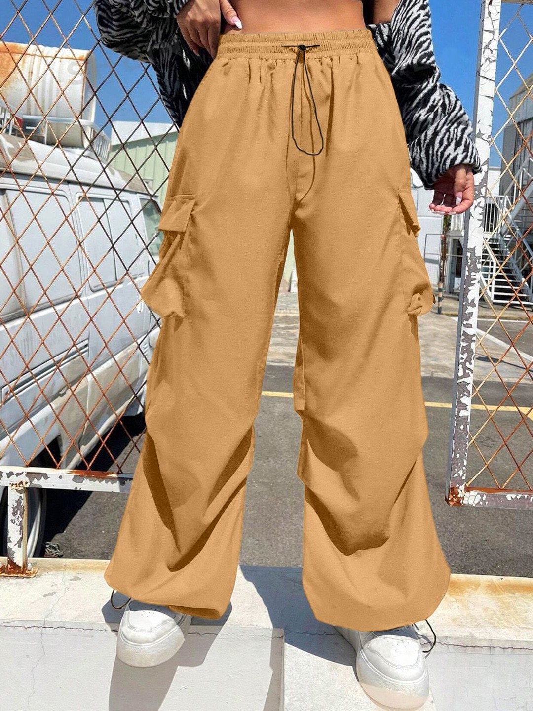

BUY NEW TREND Women Relaxed Loose Fit High-Rise Cargos Trousers, Yellow