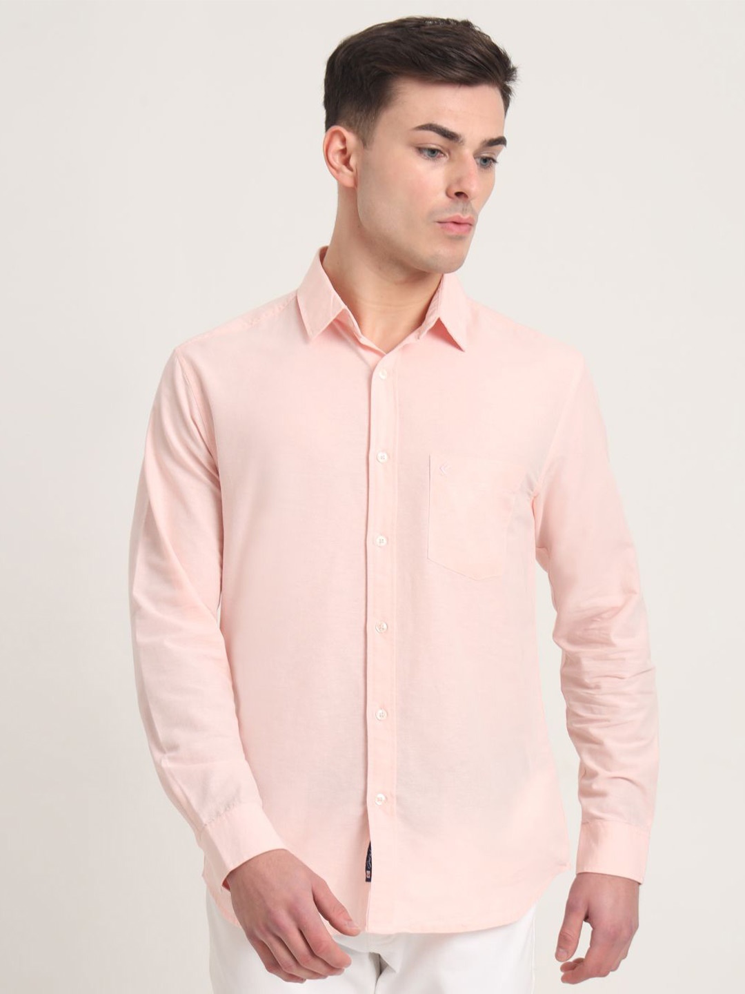 

Greenfibre Men Regular Fit Spread Collar Solid Cotton Casual Shirt, Peach
