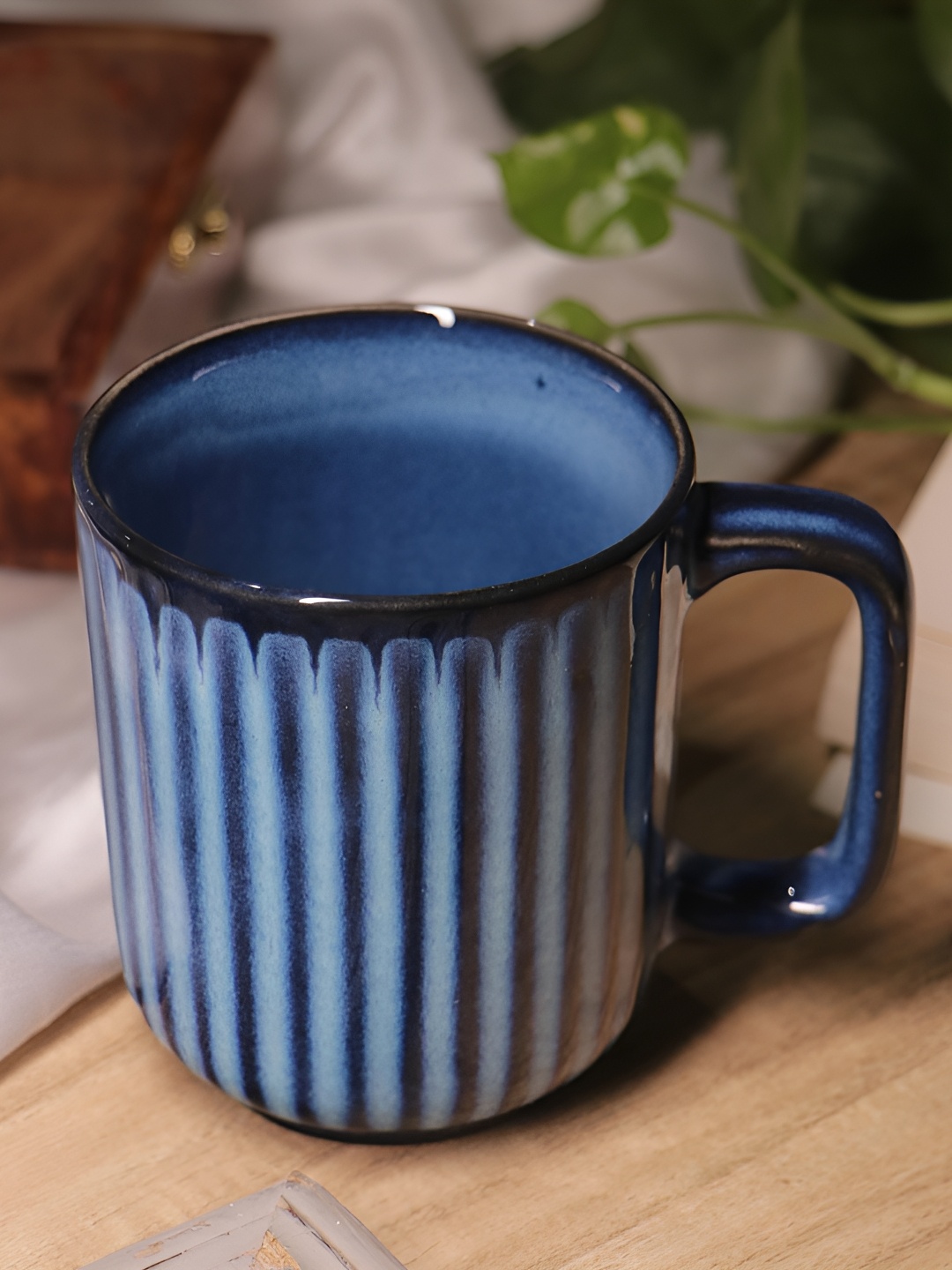 

Rare Planet 2 Pieces Blue & Navy blue Striped Glossy Microwave Safe Ceramic Mugs