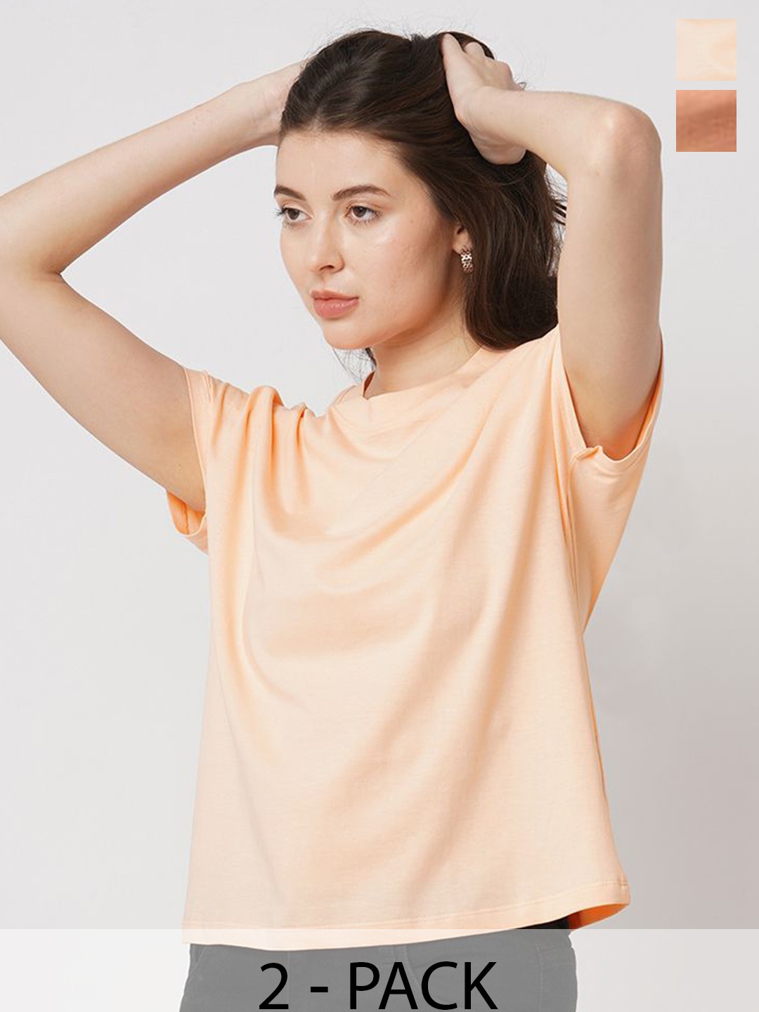 

The Roadster Lifestyle Co. Women Pack Of 2 Solid Round Neck Cotton T-shirts, Peach