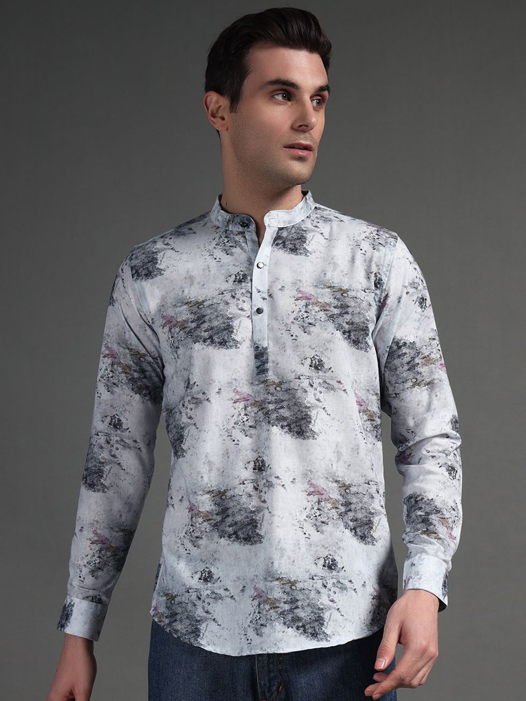

SUI DHAGA Men India Slim Fit Band Collar Abstract Printed Cotton Casual Shirt, Grey
