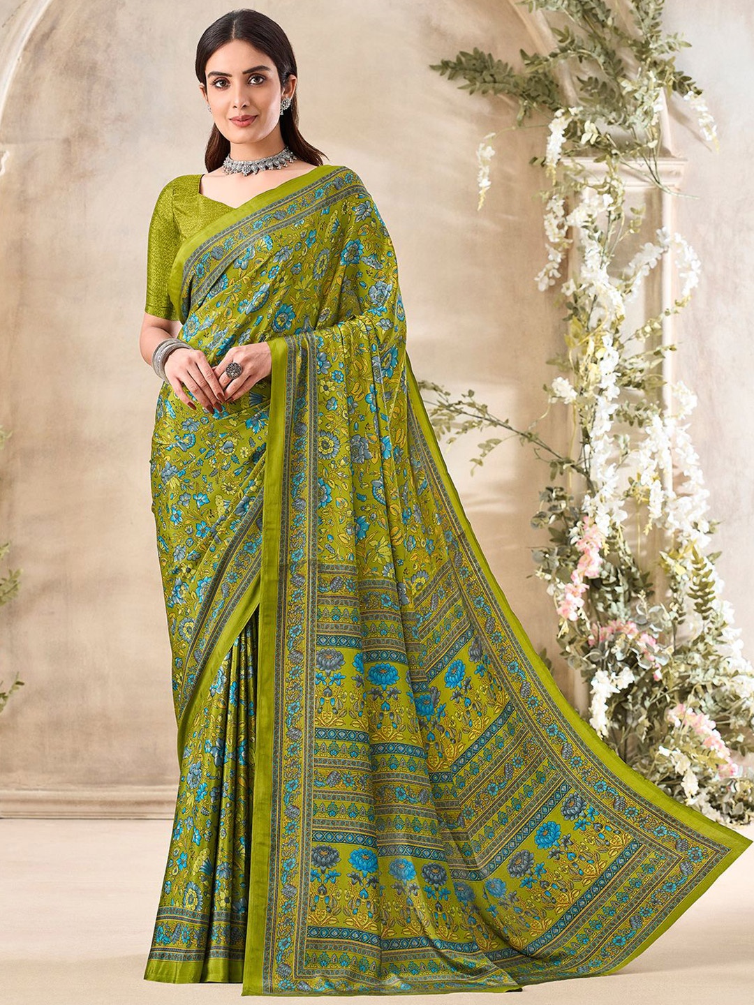 

LeeliPeeri Designer Floral Poly Crepe Saree, Green