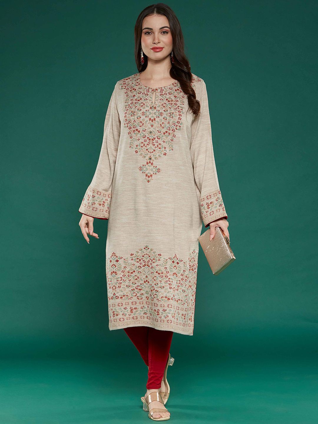 

Peachmode Woven Design Round Neck Long Sleeves Woolen Straight Kurta, Beige