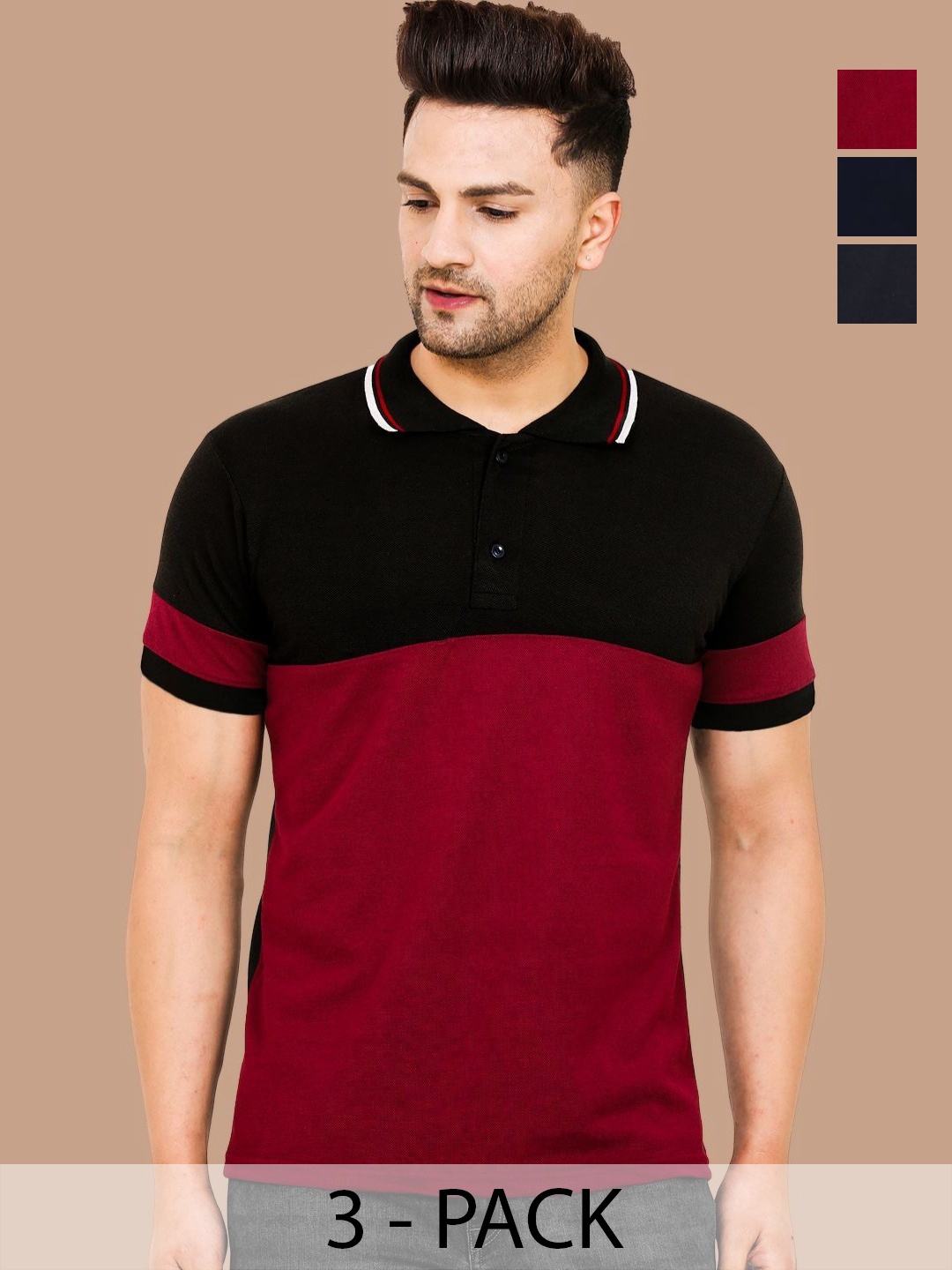 

Leotude Men Pack of 3 Colourblocked Polo Collar Cotton T-shirts, Burgundy