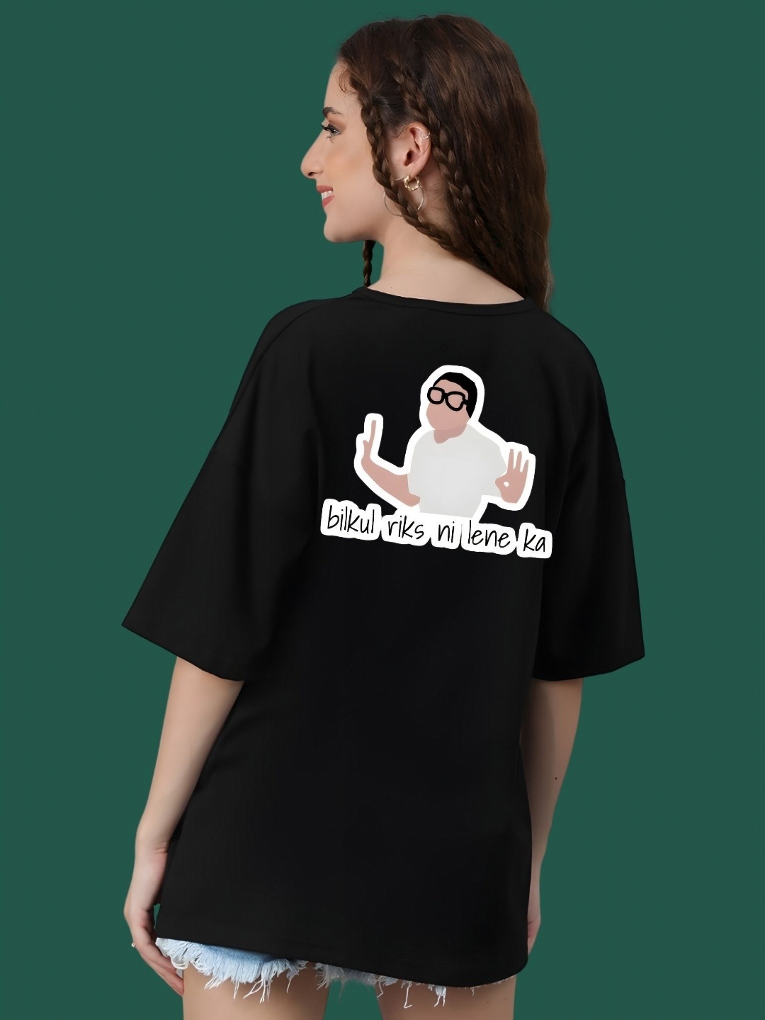 

DressBerry Women Photographic Printed Round Neck Cotton Oversized T-shirt, Black