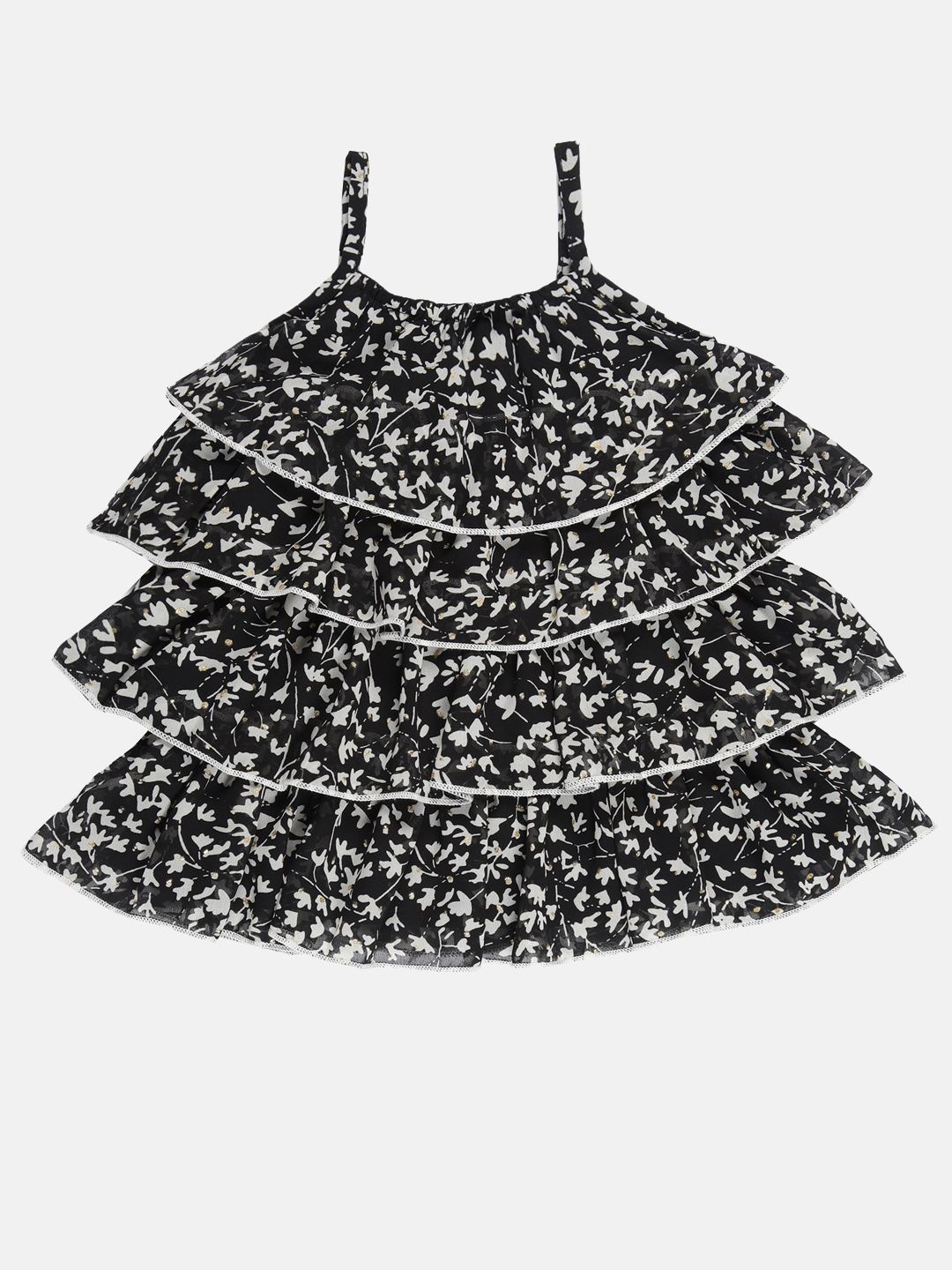 

YOUNG BIRDS Girls Floral Printed A-Line Knee Length Dress, Black