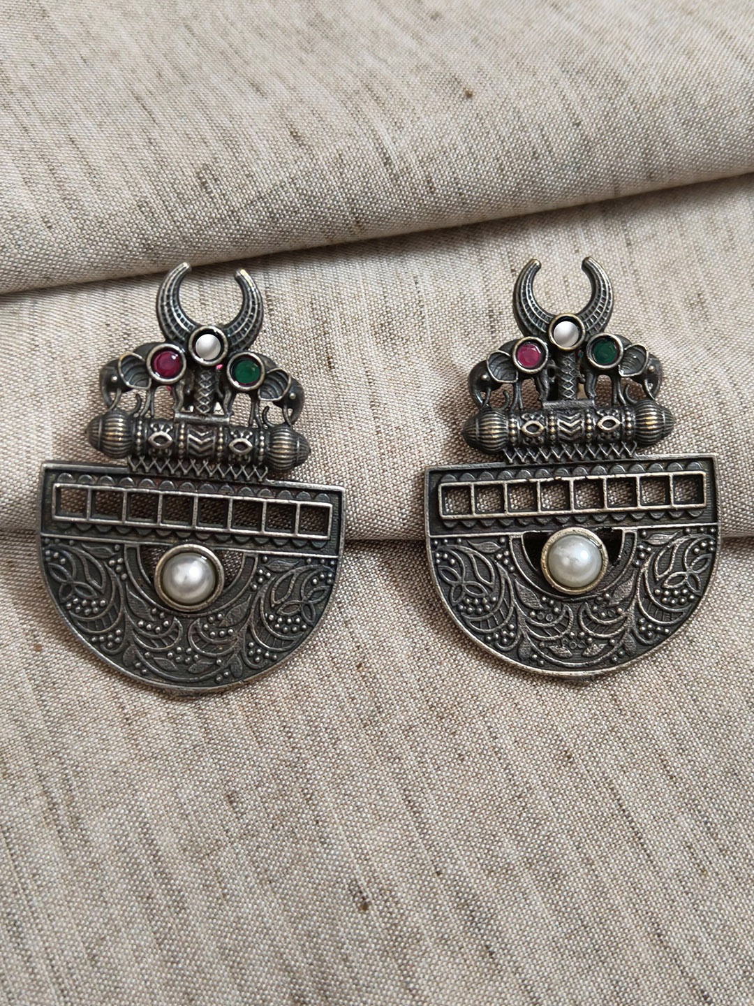 

Molcha Artificial Stones Studded Contemporary Oxidised Drop Earrings, Silver