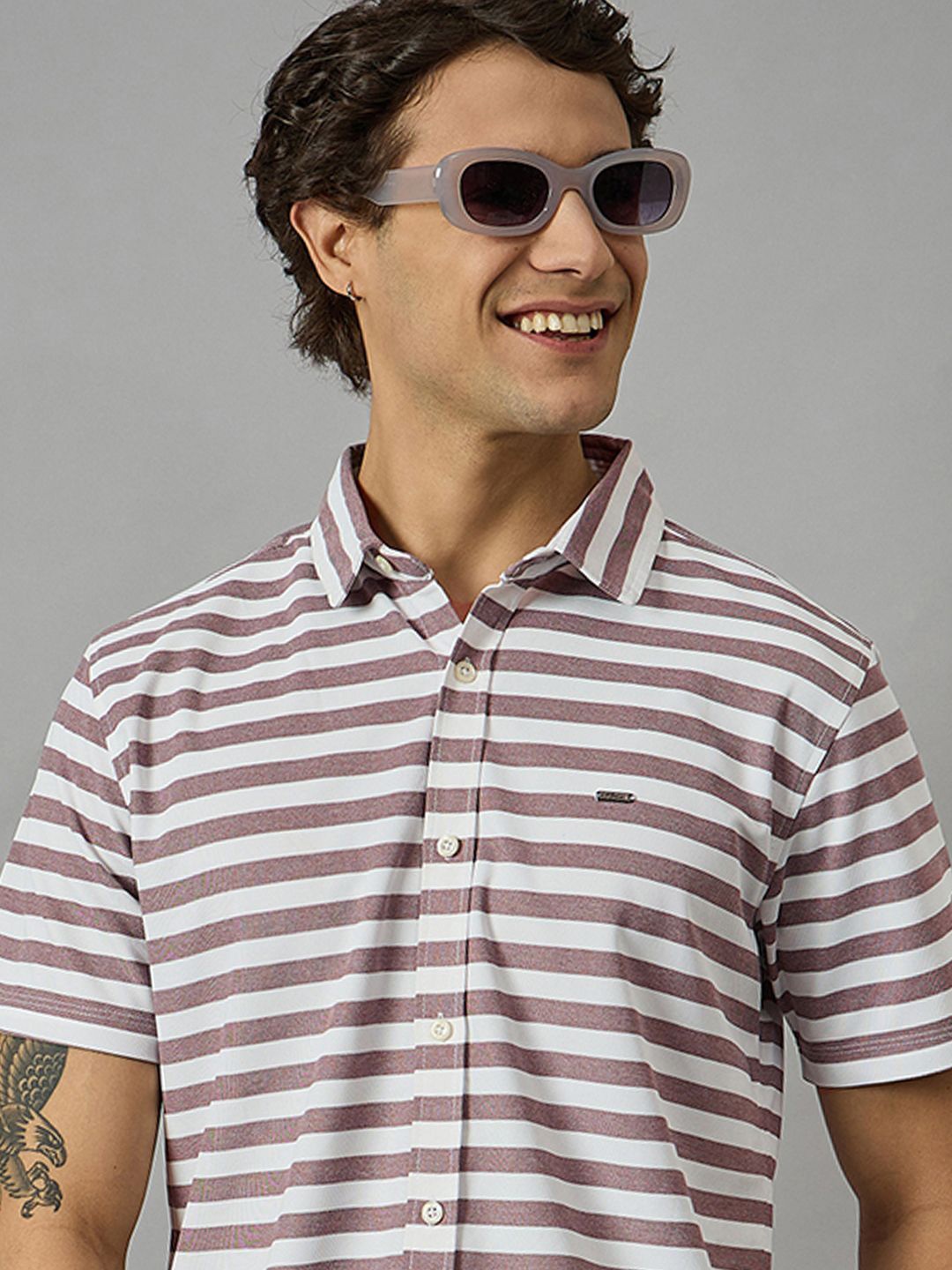 

BRONATION Men Slim Fit Spread Collar Horizontal Striped Cotton Casual Shirt, Brown