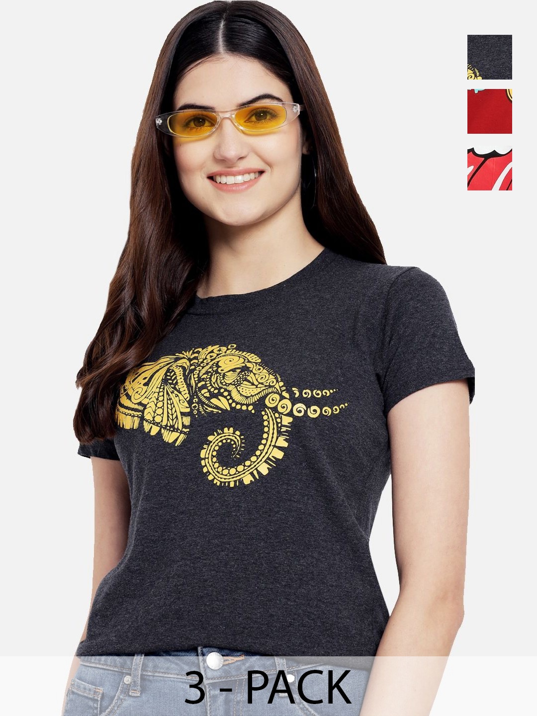 

Dreambe Women Pack Of 3 Graphic Printed Round Neck Cotton T-shirts, Grey