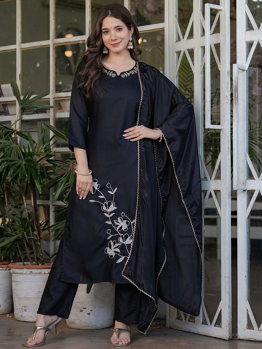 

ZIBLON Floral Embroidered Notch Neck Straight Kurta With Trousers & Dupatta, Black